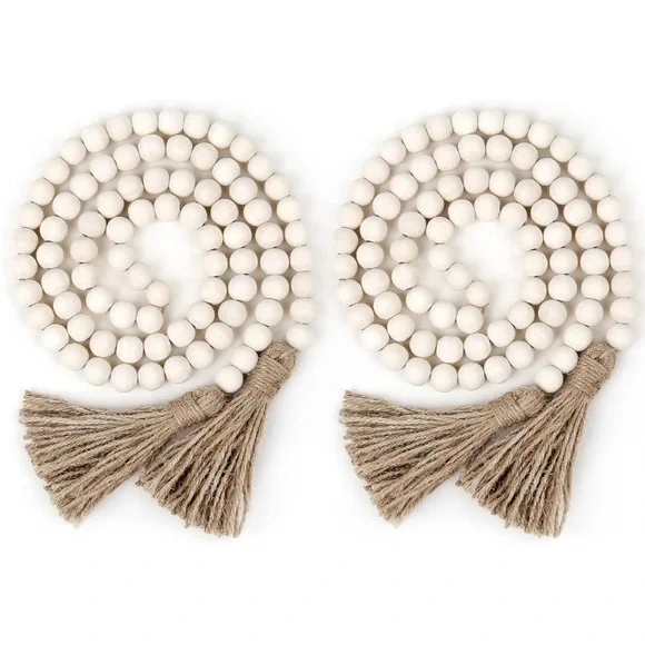 Rustic Boho Farmhouse Cream Wood Beads Tie Tassel Garland Home Table DiningDecor - Picture 5 of 6